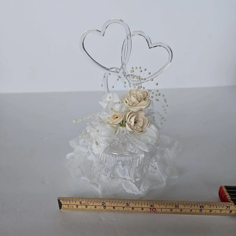 Vintage Wedding Cake Topper Double Heart Acrylic Lace‎ Faux Pearl Bridal Decor